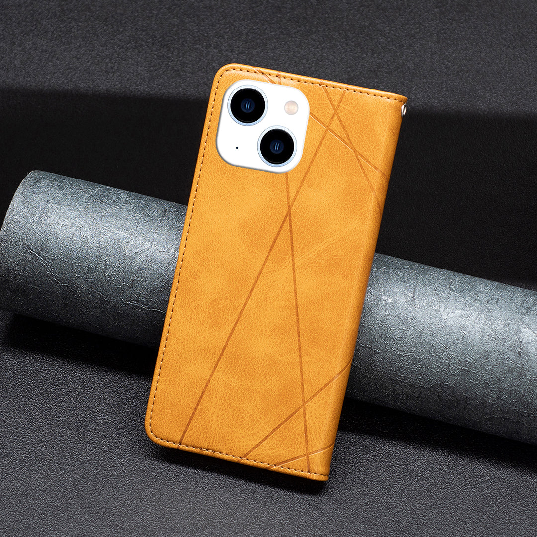 Uniqkart for iPhone 15 Card Holder Shell Imprinted Line Cell Phone Case Stand Leather Phone Cover - Yellow Uniqkart for iPhone 15 Card Holder Shell Imprinted Line Cell Phone Case Stand Leather Phone Cover - Yellow